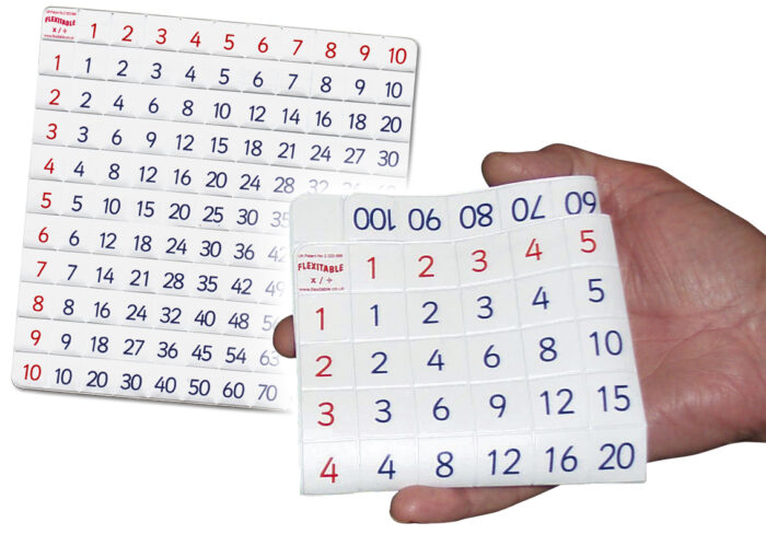 Person holding a folded Flexitable - 10 by 10 multiplication