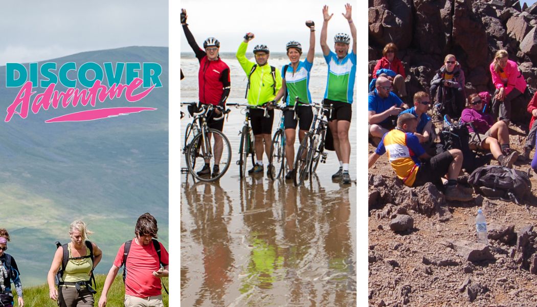 Discover Adventure logo with people celebrating their hiking and cycling achievements in beautiful locations