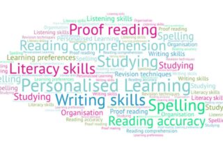 Word cloud including proof reading, comprehension, reading, writing, spelling, literacy skills