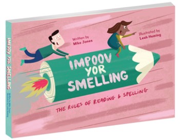Front cover of Impoov Yor Smelling. Pink with two people sat on a flying pencil