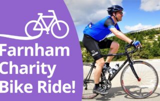 Picture of a man riding a bike outside in a helmet and cycling clothes. Text to the left reading "Farnham Charity Bike Ride".