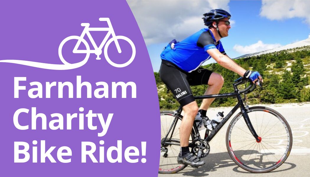 Picture of a man riding a bike outside in a helmet and cycling clothes. Text to the left reading "Farnham Charity Bike Ride".