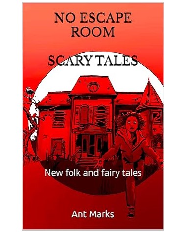 Front cover of 'No escape room' - a red background with a girl running away from a scary house