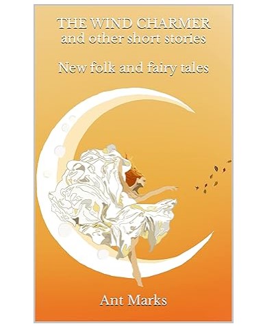Front cover of 'The Wind Charner' - an orange background with a woman in a white dress dancing on a crescent moon.