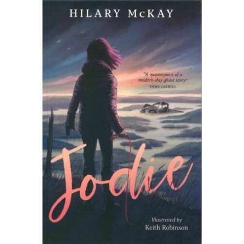 Front cover of Jodie. Jodie looks out at a creek with a semi-sunken old truck in it. It is nearly night.