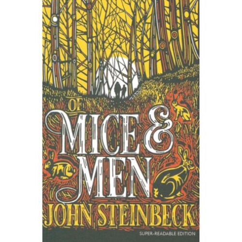 Front cover of Of Mice & Men. A brown forest scene with two men walking towards a sunset in the distance.