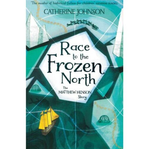 Front cover of Race to the Frozen North. A bird's eye view of a small boat with yellow sails navigating a dark ocean with large glacier sheets.