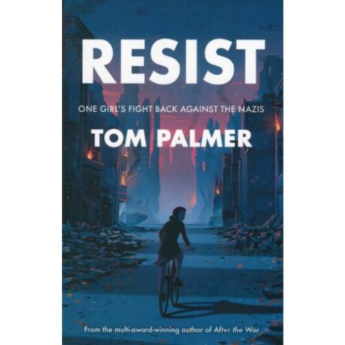 Front cover of Resist. A girl rides her bike through a city street at night.