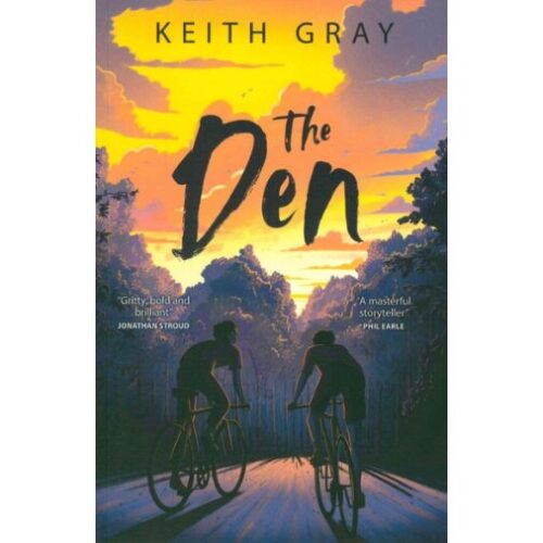 Front cover of The Den. Two friends cycle down a lane at dusk.