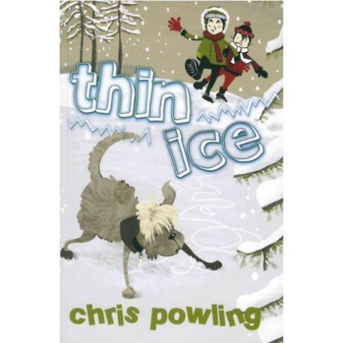 Thin Ice cover - two boys stood on edge of icy pond with a dog falling over on the ice