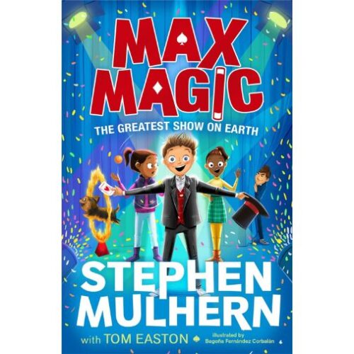 Max in a magician outfit, with friends, blue background