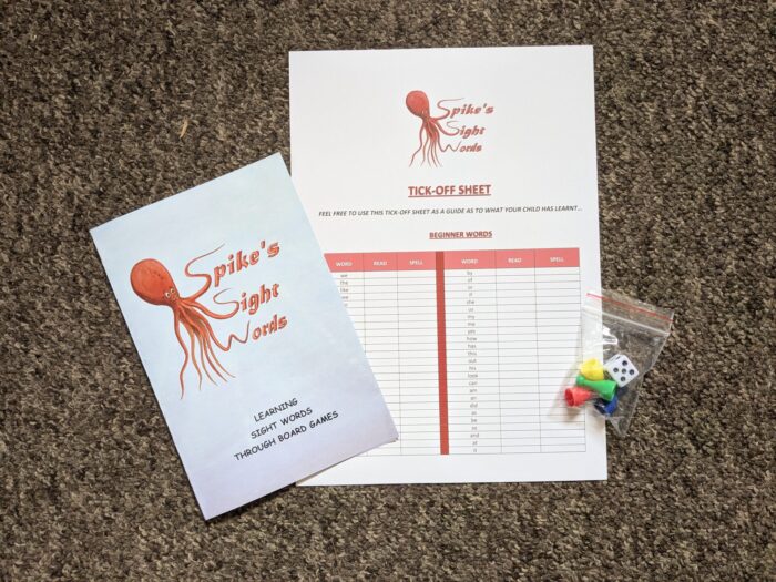 Spike Sight Words Leaflet, Tracking sheet, dice, counters