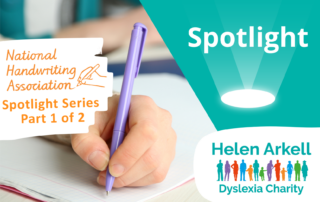 Student writing with purple pen, Helen Arkell logo, National Handwriting Association logo.