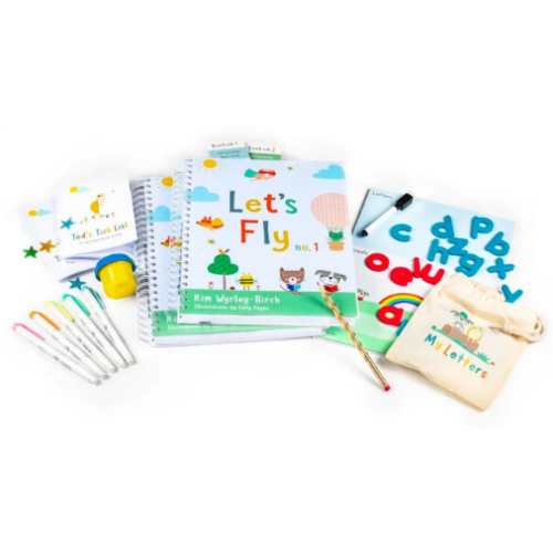 All the items in teh pack - 2 big work books, stationery, magnetic letters and board, and more