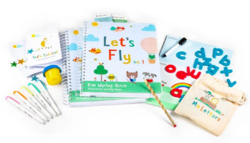 All the items in teh pack - 2 big work books, stationery, magnetic letters and board, and more