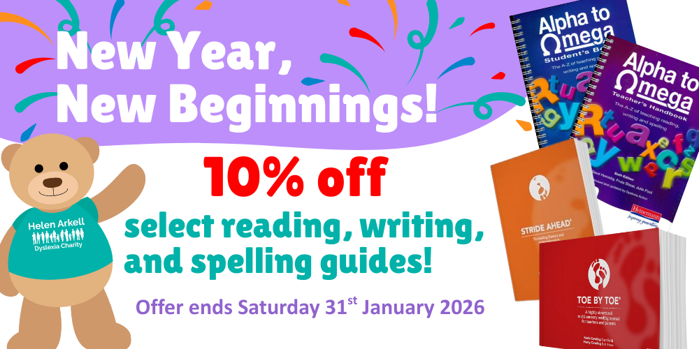 Purple and white background, teddy waving, reads 'New Year, New Beginnings! 10% off select reading, writing and spelling guides'.
