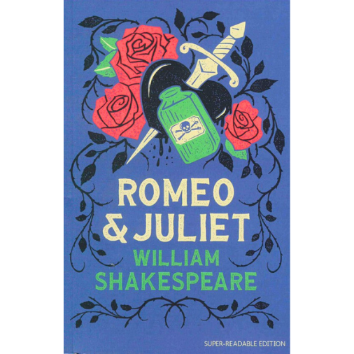 Blue cover with red roses, knife, and poison