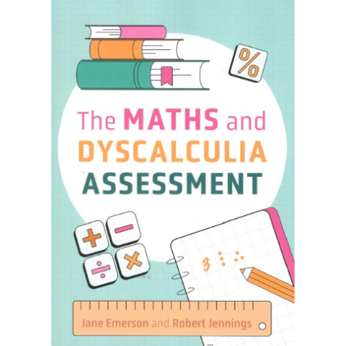 Cover of The Maths and Dyscalculia Assessment - turquoise green cover with pink, orange, and teal text and images of books